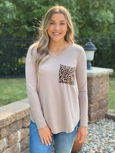 Long Sleeve Leopard Pocket V-Neck - Mocha