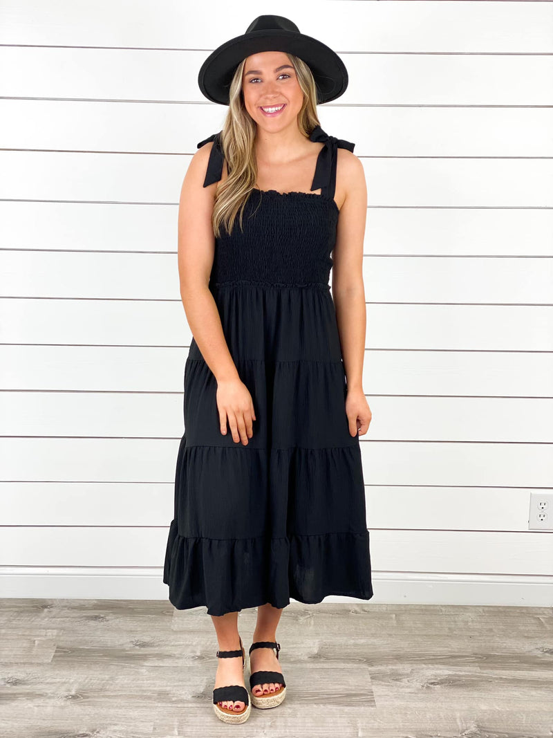 tiered midi dress black Tiered Black Midi Dress – Barnberry Lane