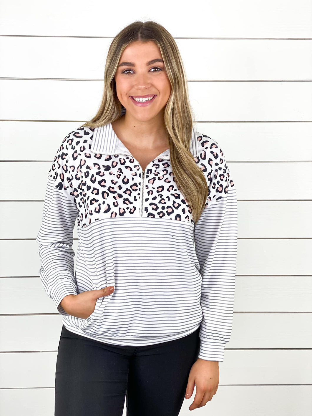 Leopard and Stripes 1/4 Zip Pullover