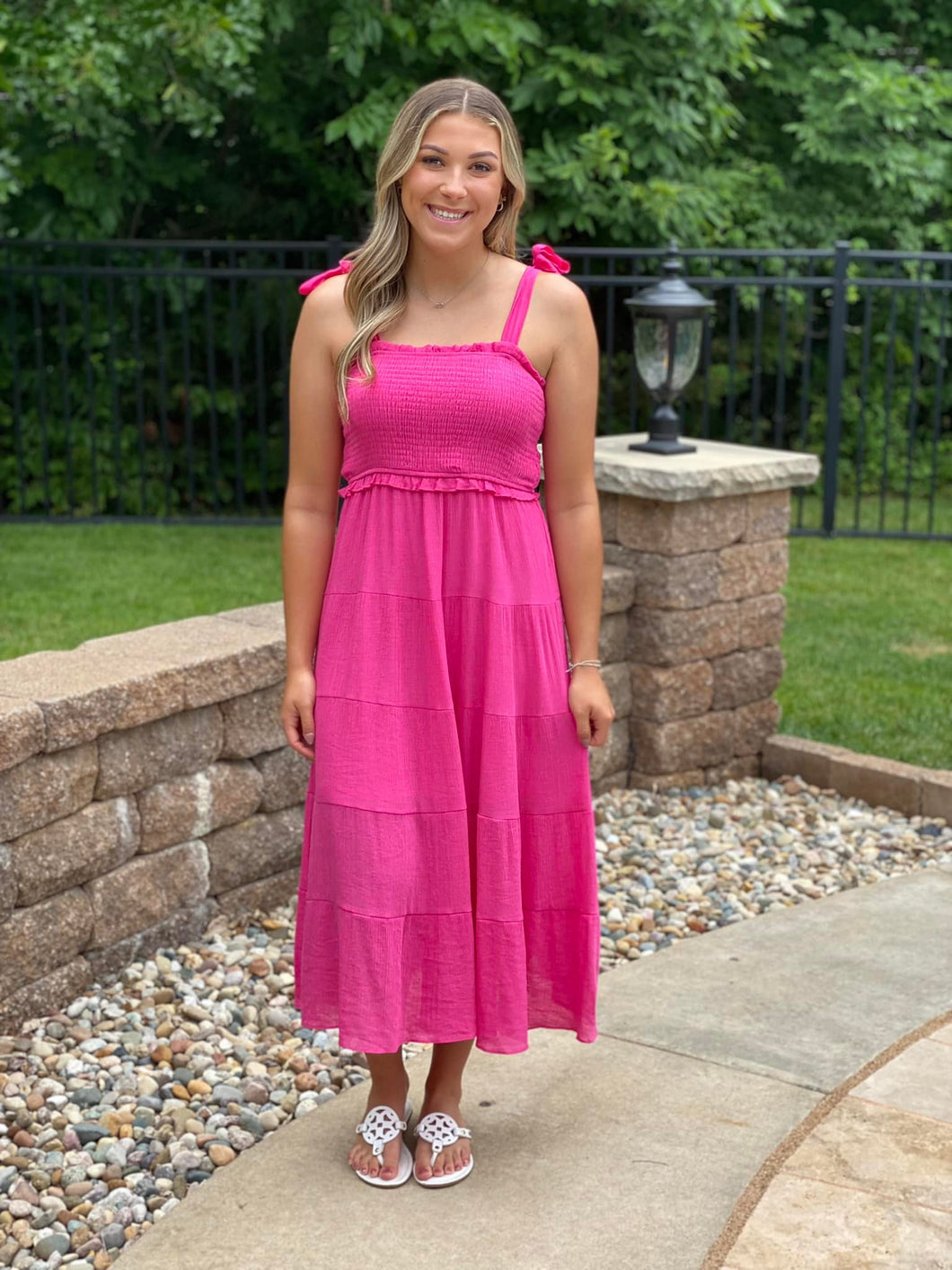 Hot Pink Tiered Midi Dress Barnberry Lane Hot Pink Tiered Midi Dress Barnberry Lane
