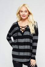 Lace Up Front Striped Charcoal and Black Striped Top