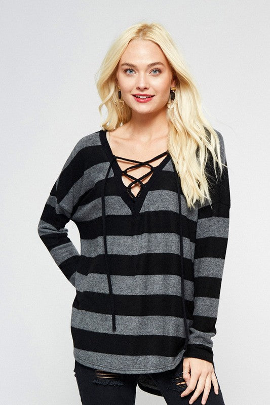 Lace Up Front Striped Charcoal and Black Striped Top