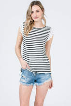 Black and White Striped Top with Cotton Lace Sleeve Detail