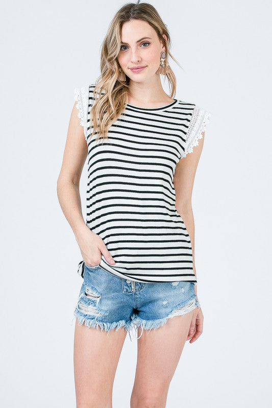 Black and White Striped Top with Cotton Lace Sleeve Detail