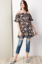 Floral Cold Shoulder Tunic with Ruffle Sleeve