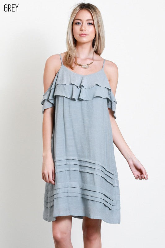 Grey/Blue Cold Shoulder Ruffle Dress