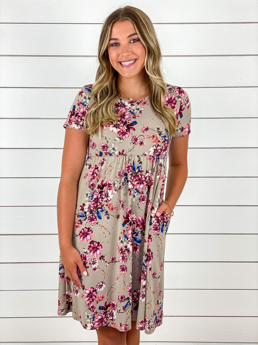 Taupe Floral Short Sleeve Dress