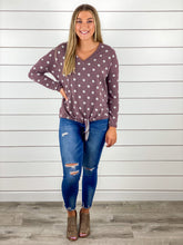 Burgundy Polka Dot V Neck Top with Elbow Patches