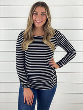 Black/Ivory Striped Runched Tunic Top with Elbow Patches