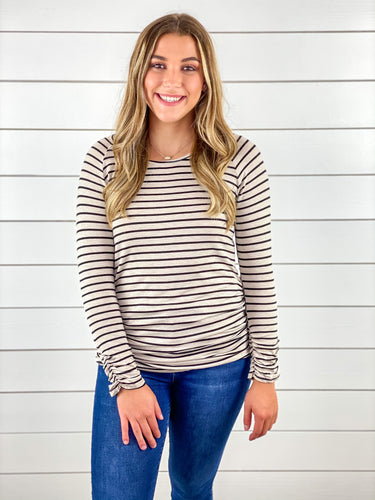 Oatmeal/Black Striped Ruched Tunic Top with Elbow Patches