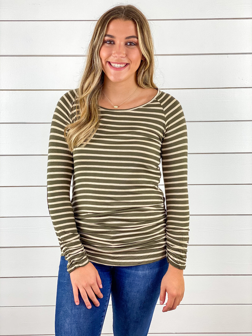 Olive Striped Ruched Tunic Top with Elbow Patches
