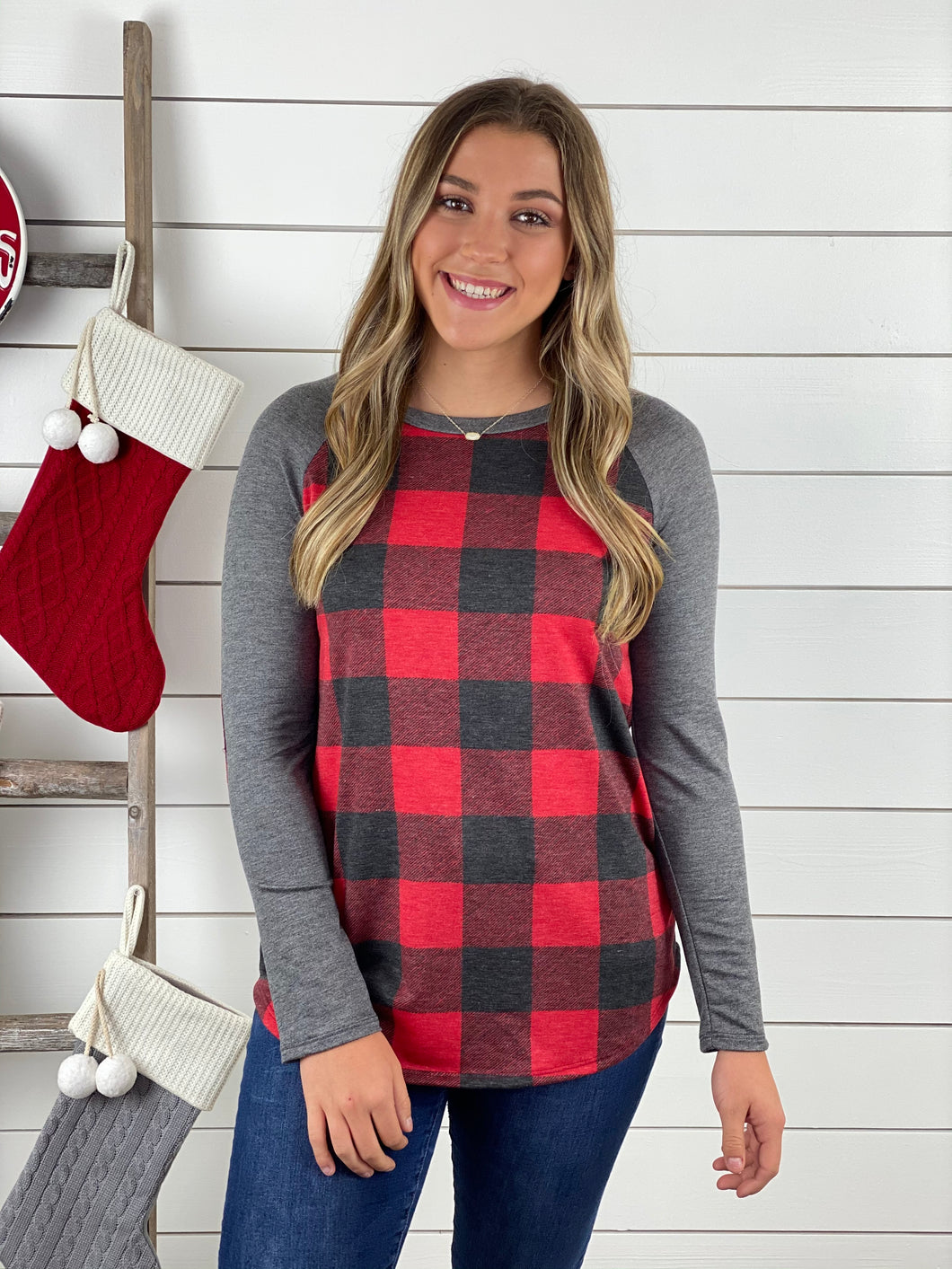 Red/Charcoal Buffalo Plaid & Elbow Patch Top