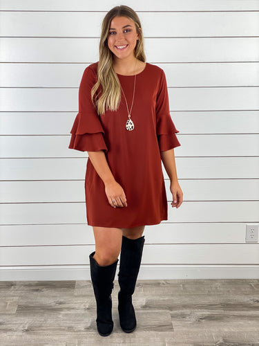 Raise Your Standards Ruffle Sleeve Dress - Rust