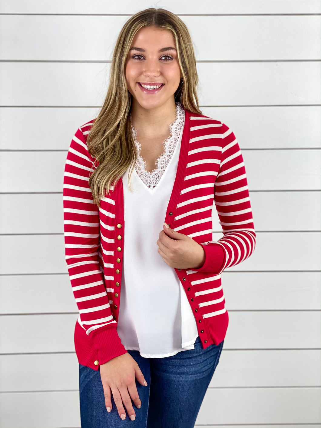 Red and White Snap Button Cardigan