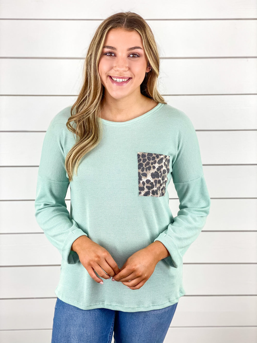 Mint 3/4 Sleeve Top with Leopard Pocket