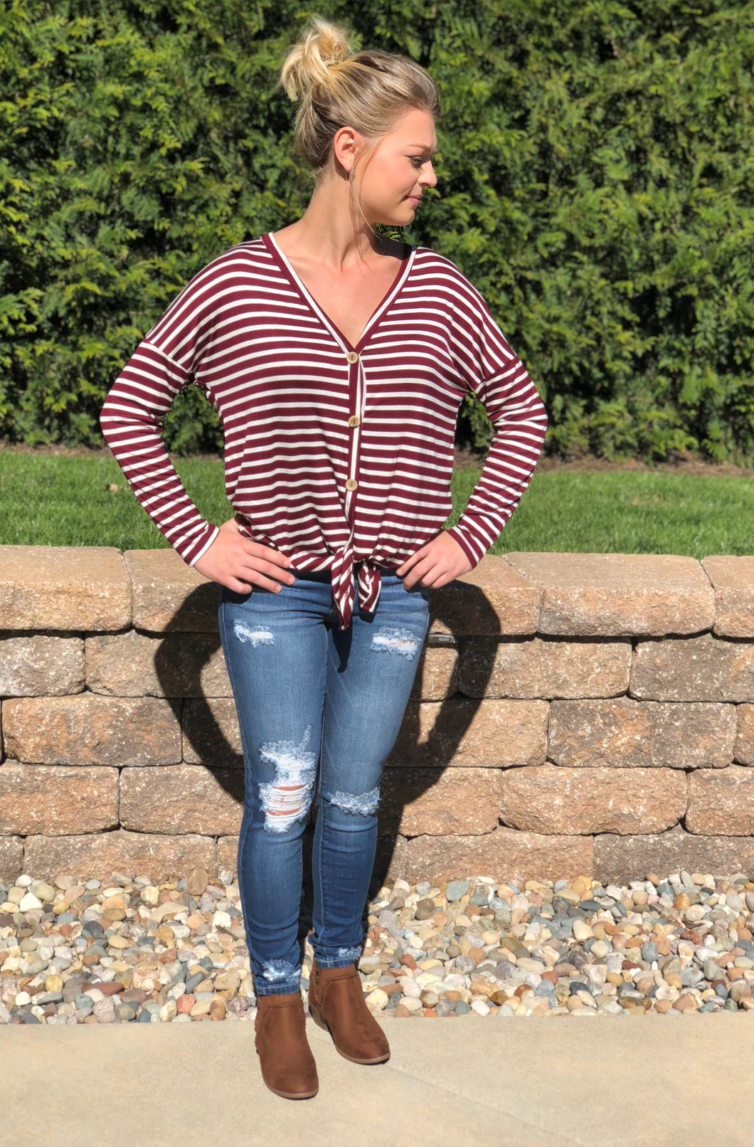 Burgundy Striped Knot Top