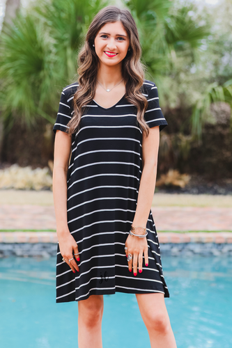 Summertime Striped V-Neck Dress - Black
