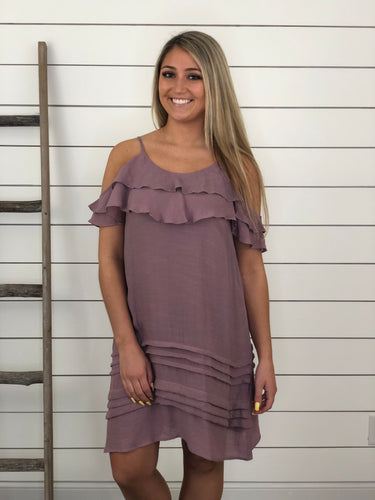 Mauve Cold Shoulder Ruffle Dress