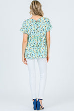 Mint Floral Ruffle Sleeve Blouse with Keyhole Back