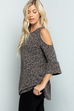 Leopard Print Cold Shoulder 3/4 Ruffle Sleeve Top