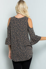 Leopard Print Cold Shoulder 3/4 Ruffle Sleeve Top