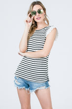 Navy and White Striped Top with Cotton Lace Sleeve Detail