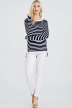 Navy and White Striped Top with Elbow Patches