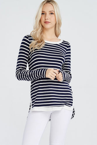 Navy and White Striped Top with Elbow Patches