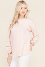 Blush 3/4 Puff Sleeve Top with Crochet Lace Trim