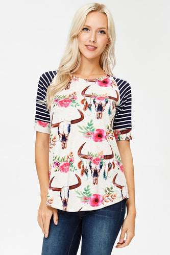 Stripe Sleeve Bull Print Short Sleeve Top