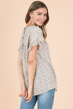 Taupe Floral Ruffle Sleeve Blouse with Keyhole Back