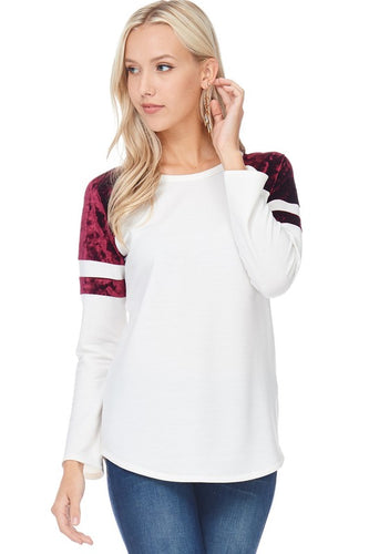 Crushed Velvet Raglan Stripe Top in Burgundy