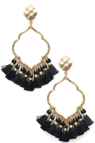 Gold Quatrefoil Black Tassel Earrings