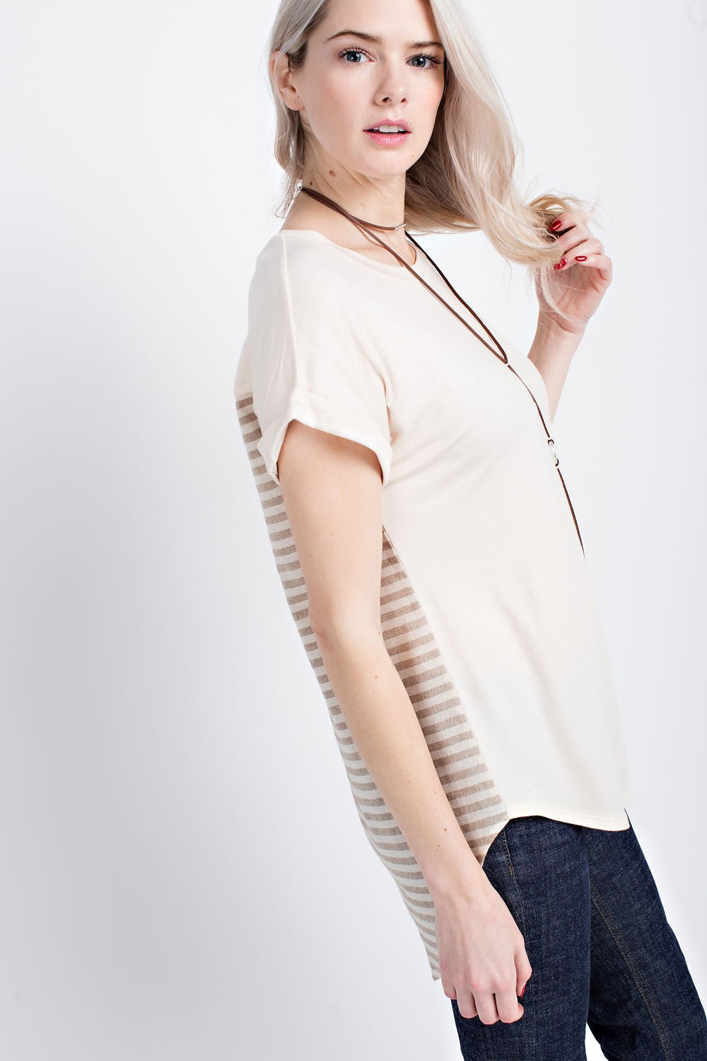 Oatmeal Solid Striped Contrast Top